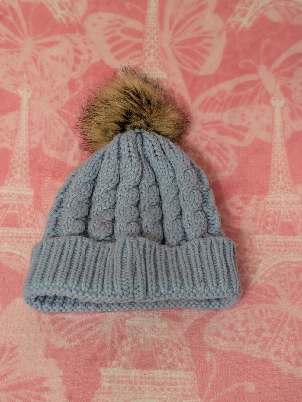 Simplicity Kids Cable Knit Beanie with Faux Fur Pom - Light Blue and Brown